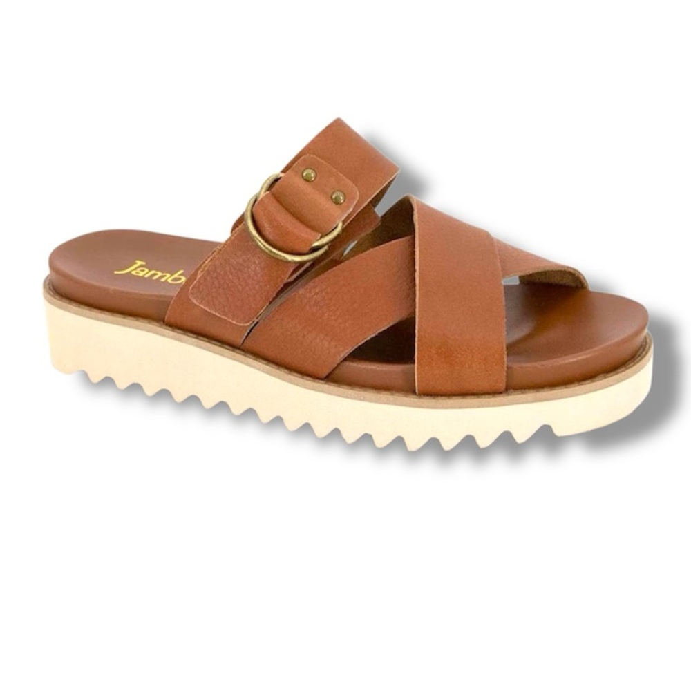 Jambu Frida Leather Criss-Cross Buckle Sandal, Camel